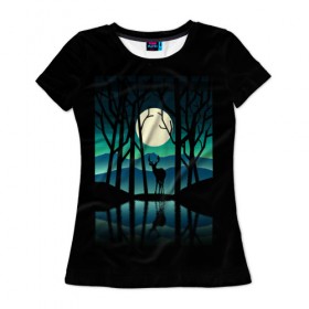 Женская футболка 3D с принтом Ночная природа , 100% полиэфир ( синтетическое хлопкоподобное полотно) | прямой крой, круглый вырез горловины, длина до линии бедер | forest | lake | moon | nature | night | star | wood | звезды | лес | луна | ночь | озеро | природа
