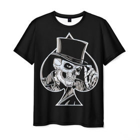 Мужская футболка 3D с принтом Скелетон , 100% полиэфир | прямой крой, круглый вырез горловины, длина до линии бедер | background | black | card | cylinder | death | game | hat | skeleton | skull | spades | suit | игра | карты | масть | пики | скелет | фон | цилиндр | череп | черный | шляпа