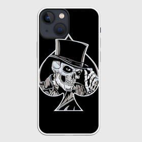 Чехол для iPhone 13 mini с принтом Скелетон ,  |  | Тематика изображения на принте: background | black | card | cylinder | death | game | hat | skeleton | skull | spades | suit | игра | карты | масть | пики | скелет | фон | цилиндр | череп | черный | шляпа