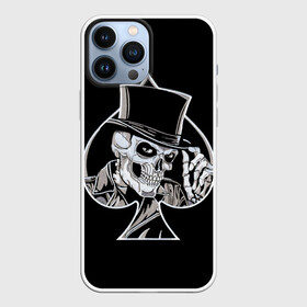 Чехол для iPhone 13 Pro Max с принтом Скелетон ,  |  | Тематика изображения на принте: background | black | card | cylinder | death | game | hat | skeleton | skull | spades | suit | игра | карты | масть | пики | скелет | фон | цилиндр | череп | черный | шляпа
