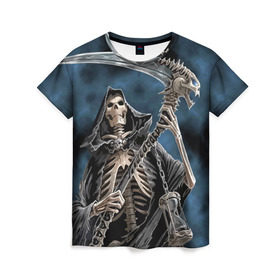 Женская футболка 3D с принтом Скелетон , 100% полиэфир ( синтетическое хлопкоподобное полотно) | прямой крой, круглый вырез горловины, длина до линии бедер | death | skeleton | skull | капюшон | коса | скелет | череп