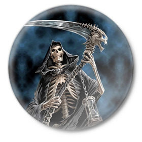Значок с принтом Скелетон ,  металл | круглая форма, металлическая застежка в виде булавки | Тематика изображения на принте: death | skeleton | skull | капюшон | коса | скелет | череп