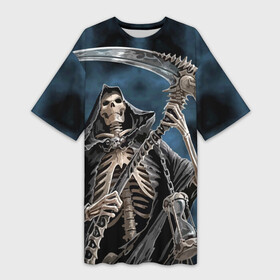 Платье-футболка 3D с принтом Скелетон ,  |  | death | skeleton | skull | капюшон | коса | скелет | череп
