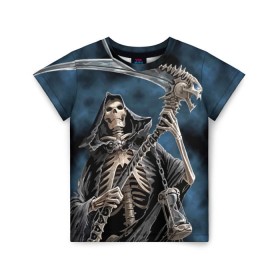 Детская футболка 3D с принтом Скелетон , 100% гипоаллергенный полиэфир | прямой крой, круглый вырез горловины, длина до линии бедер, чуть спущенное плечо, ткань немного тянется | death | skeleton | skull | капюшон | коса | скелет | череп