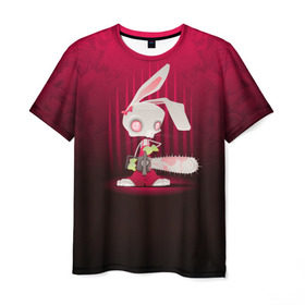 Мужская футболка 3D с принтом Заяц с бензопилой , 100% полиэфир | прямой крой, круглый вырез горловины, длина до линии бедер | бензопила | девушке | зайка | заяц | красная | мульт | мультфильм | прикол | ужас | цветы