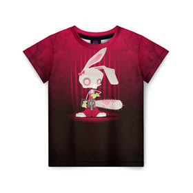 Детская футболка 3D с принтом Заяц с бензопилой , 100% гипоаллергенный полиэфир | прямой крой, круглый вырез горловины, длина до линии бедер, чуть спущенное плечо, ткань немного тянется | бензопила | девушке | зайка | заяц | красная | мульт | мультфильм | прикол | ужас | цветы