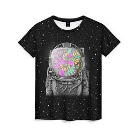 Женская футболка 3D с принтом Цветочный астонавт , 100% полиэфир ( синтетическое хлопкоподобное полотно) | прямой крой, круглый вырез горловины, длина до линии бедер | astronaut | cosmonaut | cosmos | galaxy | planet | space | star | астронавт | галактика | звезды | космонавт | космос | планета | скафандр | цветы