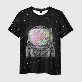 Мужская футболка 3D с принтом Цветочный астонавт , 100% полиэфир | прямой крой, круглый вырез горловины, длина до линии бедер | astronaut | cosmonaut | cosmos | galaxy | planet | space | star | астронавт | галактика | звезды | космонавт | космос | планета | скафандр | цветы