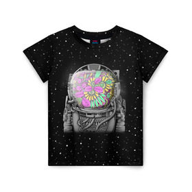 Детская футболка 3D с принтом Цветочный астонавт , 100% гипоаллергенный полиэфир | прямой крой, круглый вырез горловины, длина до линии бедер, чуть спущенное плечо, ткань немного тянется | Тематика изображения на принте: astronaut | cosmonaut | cosmos | galaxy | planet | space | star | астронавт | галактика | звезды | космонавт | космос | планета | скафандр | цветы
