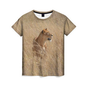 Женская футболка 3D с принтом Львица в траве , 100% полиэфир ( синтетическое хлопкоподобное полотно) | прямой крой, круглый вырез горловины, длина до линии бедер | амурский | животные | киса | кот | котенок | кошка | лев | львица | пума | рысь | серый | тигр | хищник