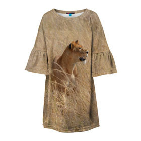 Детское платье 3D с принтом Львица в траве , 100% полиэстер | прямой силуэт, чуть расширенный к низу. Круглая горловина, на рукавах — воланы | амурский | животные | киса | кот | котенок | кошка | лев | львица | пума | рысь | серый | тигр | хищник