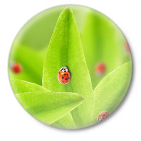 Значок с принтом Жучки на травке ,  металл | круглая форма, металлическая застежка в виде булавки | Тематика изображения на принте: жук | зеленый | зелень | красный | насекомые | природа