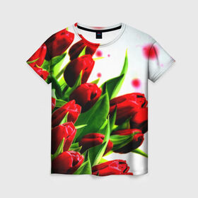 Женская футболка 3D с принтом Тюльпаны , 100% полиэфир ( синтетическое хлопкоподобное полотно) | прямой крой, круглый вырез горловины, длина до линии бедер | Тематика изображения на принте: flower | букет | весна | красные | цветочки | цветы
