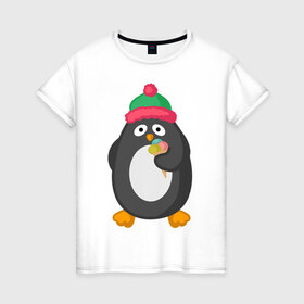 Женская футболка хлопок с принтом Пингвин с мороженым , 100% хлопок | прямой крой, круглый вырез горловины, длина до линии бедер, слегка спущенное плечо | Тематика изображения на принте: животные | милые животные | мороженое | пингвин | прикольные животные