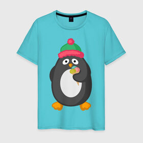 Мужская футболка хлопок с принтом Пингвин с мороженым , 100% хлопок | прямой крой, круглый вырез горловины, длина до линии бедер, слегка спущенное плечо. | животные | милые животные | мороженое | пингвин | прикольные животные