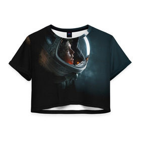 Женская футболка 3D укороченная с принтом Девушка космонавт , 100% полиэстер | круглая горловина, длина футболки до линии талии, рукава с отворотами | alien | космос | рипли | скафандр | чужой