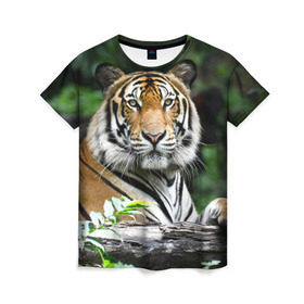 Женская футболка 3D с принтом Тигр в джунглях , 100% полиэфир ( синтетическое хлопкоподобное полотно) | прямой крой, круглый вырез горловины, длина до линии бедер | амурский | животные | зверь | киса | кот | котенок | кошка | тигр | хищник