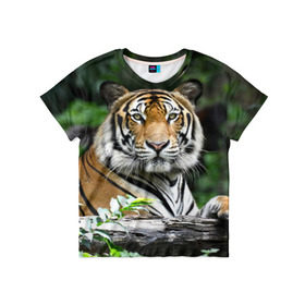 Детская футболка 3D с принтом Тигр в джунглях , 100% гипоаллергенный полиэфир | прямой крой, круглый вырез горловины, длина до линии бедер, чуть спущенное плечо, ткань немного тянется | Тематика изображения на принте: амурский | животные | зверь | киса | кот | котенок | кошка | тигр | хищник