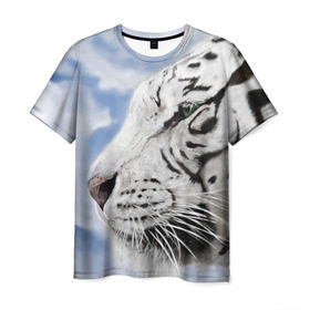 Мужская футболка 3D с принтом Белый тигр , 100% полиэфир | прямой крой, круглый вырез горловины, длина до линии бедер | Тематика изображения на принте: 