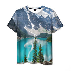 Мужская футболка 3D с принтом Горная река , 100% полиэфир | прямой крой, круглый вырез горловины, длина до линии бедер | Тематика изображения на принте: озеро | пейзаж | скалы