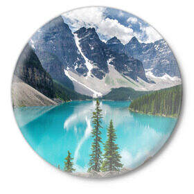 Значок с принтом Горная река ,  металл | круглая форма, металлическая застежка в виде булавки | озеро | пейзаж | скалы