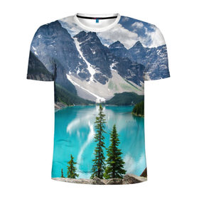 Мужская футболка 3D спортивная с принтом Горная река , 100% полиэстер с улучшенными характеристиками | приталенный силуэт, круглая горловина, широкие плечи, сужается к линии бедра | Тематика изображения на принте: озеро | пейзаж | скалы