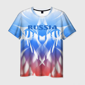 Мужская футболка 3D с принтом Россия и узоры , 100% полиэфир | прямой крой, круглый вырез горловины, длина до линии бедер | абстрактный | интересный | красивый | мода | новый | объем | патриотизм | плавный | россия | стиль | стильный | узор | цвет | яркий