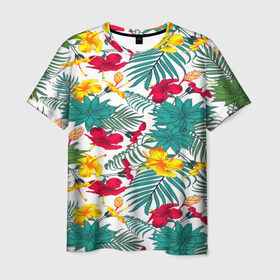 Мужская футболка 3D с принтом Тропический узор , 100% полиэфир | прямой крой, круглый вырез горловины, длина до линии бедер | flower | тропики | тропический p | цветочки | цветы