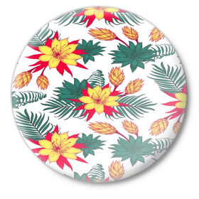 Значок с принтом Tropical Pattern ,  металл | круглая форма, металлическая застежка в виде булавки | flower | поле | тропики | тропический | цветочки | цветы