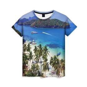 Женская футболка 3D с принтом Таиланд , 100% полиэфир ( синтетическое хлопкоподобное полотно) | прямой крой, круглый вырез горловины, длина до линии бедер | beach | clouds | islands | palm trees | people | sand | sea | ships | sky | thailand | tourism | корабли | люди | море | небо | облака | острова | пальмы | песок | пляж | таиланд | туризм