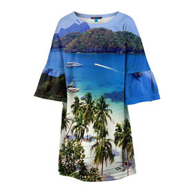 Детское платье 3D с принтом Таиланд , 100% полиэстер | прямой силуэт, чуть расширенный к низу. Круглая горловина, на рукавах — воланы | Тематика изображения на принте: beach | clouds | islands | palm trees | people | sand | sea | ships | sky | thailand | tourism | корабли | люди | море | небо | облака | острова | пальмы | песок | пляж | таиланд | туризм