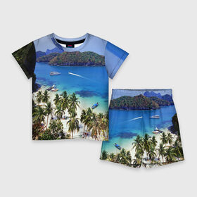 Детский костюм с шортами 3D с принтом Таиланд ,  |  | beach | clouds | islands | palm trees | people | sand | sea | ships | sky | thailand | tourism | корабли | люди | море | небо | облака | острова | пальмы | песок | пляж | таиланд | туризм