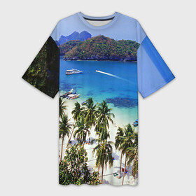 Платье-футболка 3D с принтом Таиланд ,  |  | beach | clouds | islands | palm trees | people | sand | sea | ships | sky | thailand | tourism | корабли | люди | море | небо | облака | острова | пальмы | песок | пляж | таиланд | туризм