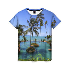 Женская футболка 3D с принтом Таиланд , 100% полиэфир ( синтетическое хлопкоподобное полотно) | прямой крой, круглый вырез горловины, длина до линии бедер | clouds | hiking | sea | sky | swimming pool | thailand | trees | бассейн | море | небо | облака | пальмы | таиланд | туризм
