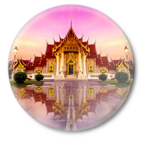 Значок с принтом Таиланд ,  металл | круглая форма, металлическая застежка в виде булавки | landmark | reflection | temple | thailand | tourism | water | вода | достопримечательность | отражение | таиланд | туризм | храм