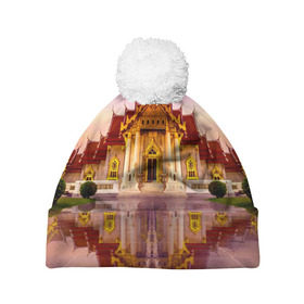 Шапка 3D c помпоном с принтом Таиланд , 100% полиэстер | универсальный размер, печать по всей поверхности изделия | landmark | reflection | temple | thailand | tourism | water | вода | достопримечательность | отражение | таиланд | туризм | храм