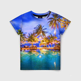 Детская футболка 3D с принтом Таиланд , 100% гипоаллергенный полиэфир | прямой крой, круглый вырез горловины, длина до линии бедер, чуть спущенное плечо, ткань немного тянется | clouds | pool | reflection | sea | sky | sunset | thailand | tourism | trees | water | бассейн | вода | закат | море | небо | облака | отражение | пальмы | таиланд | туризм