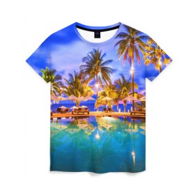 Женская футболка 3D с принтом Таиланд , 100% полиэфир ( синтетическое хлопкоподобное полотно) | прямой крой, круглый вырез горловины, длина до линии бедер | clouds | pool | reflection | sea | sky | sunset | thailand | tourism | trees | water | бассейн | вода | закат | море | небо | облака | отражение | пальмы | таиланд | туризм