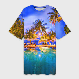 Платье-футболка 3D с принтом Таиланд ,  |  | clouds | pool | reflection | sea | sky | sunset | thailand | tourism | trees | water | бассейн | вода | закат | море | небо | облака | отражение | пальмы | таиланд | туризм