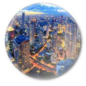 Значок с принтом Таиланд ,  металл | круглая форма, металлическая застежка в виде булавки | architecture | bangkok | city | lights | night | sky | skyscrapers | sunset | thailand | архитектура | бангкок | город | закат | небо | ночь | огни | таиланд