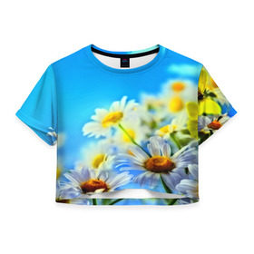 Женская футболка 3D укороченная с принтом Ромашка полевая , 100% полиэстер | круглая горловина, длина футболки до линии талии, рукава с отворотами | flower | лето | поле | полевой цветок | цветочки | цветы