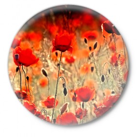 Значок с принтом Маковое поле ,  металл | круглая форма, металлическая застежка в виде булавки | flower | красные | лето | поле | полевой цветок | цветочки | цветы