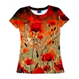 Женская футболка 3D с принтом Маковое поле , 100% полиэфир ( синтетическое хлопкоподобное полотно) | прямой крой, круглый вырез горловины, длина до линии бедер | flower | красные | лето | поле | полевой цветок | цветочки | цветы