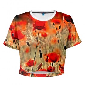 Женская футболка 3D укороченная с принтом Маковое поле , 100% полиэстер | круглая горловина, длина футболки до линии талии, рукава с отворотами | flower | красные | лето | поле | полевой цветок | цветочки | цветы