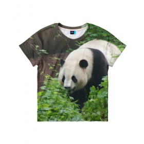 Детская футболка 3D с принтом Панда в лесу , 100% гипоаллергенный полиэфир | прямой крой, круглый вырез горловины, длина до линии бедер, чуть спущенное плечо, ткань немного тянется | Тематика изображения на принте: животные | лес | медведь | медвежонок | панда | природа