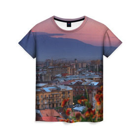 Женская футболка 3D с принтом Армения , 100% полиэфир ( синтетическое хлопкоподобное полотно) | прямой крой, круглый вырез горловины, длина до линии бедер | айастан | армения | город | горы | дома | ереван | закат | пейзаж | ромашки | столица | страна | флора | хайастан | цветы | эривань