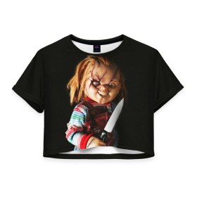 Женская футболка 3D укороченная с принтом Чаки , 100% полиэстер | круглая горловина, длина футболки до линии талии, рукава с отворотами | chucky | кино | кровь | кукла | нож | ужасы | чаки