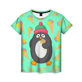 Женская футболка 3D с принтом Пингвин с мороженым , 100% полиэфир ( синтетическое хлопкоподобное полотно) | прямой крой, круглый вырез горловины, длина до линии бедер | Тематика изображения на принте: животные | милые животные | мороженое | пингвин | прикольные животные
