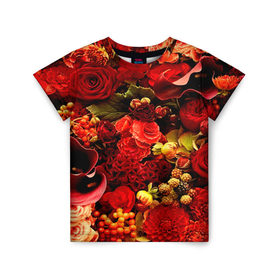 Детская футболка 3D с принтом Букет цветов , 100% гипоаллергенный полиэфир | прямой крой, круглый вырез горловины, длина до линии бедер, чуть спущенное плечо, ткань немного тянется | flower | красные | розы | цветочки | цветы