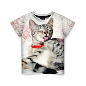 Детская футболка 3D с принтом Кошка , 100% гипоаллергенный полиэфир | прямой крой, круглый вырез горловины, длина до линии бедер, чуть спущенное плечо, ткань немного тянется | cat | collar | heel | licking | lying | red | striped | кошка | красный | лежит | лижет | ошейник | полосатая | пятка